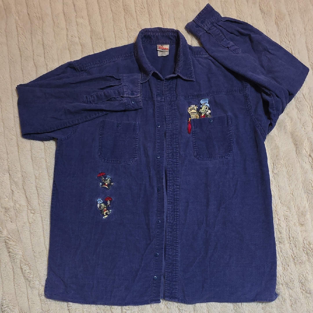 Vintage 90's Velvet Disney Men's Casual Blue Shirt With Jiminy Cricket